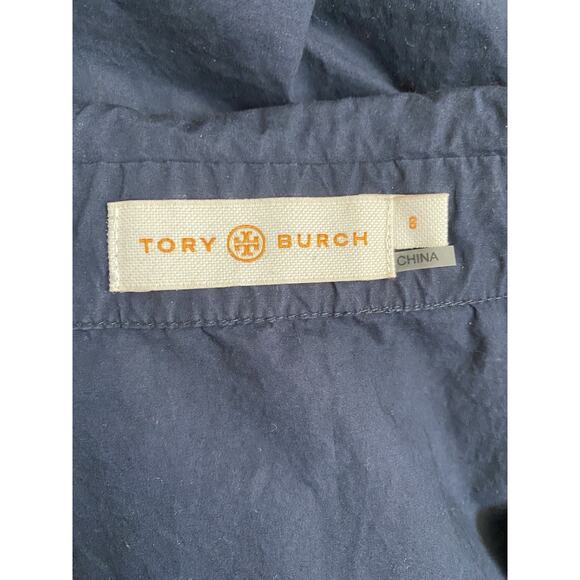 Tory Burch Cotton Shirt Half Button Navy Short Sleeve Ruffled Stretch Blue Top 8 - Picture 6 of 6